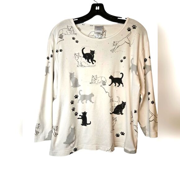 Morning Sun Tops - Morning Sun Black and White Cat Print Long Sleeve Women's Shirt Size XL